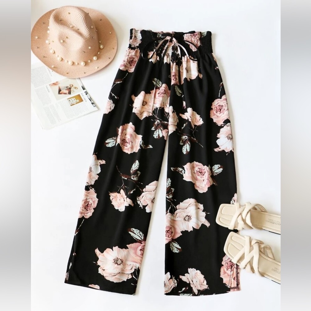 SHEIN LUNE | Floral Print Shirred Waist Wide Leg Pants